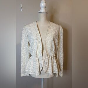 Vintage Lynn Davis Ivory Peplum Lace Blazer Bow Pattern S/M